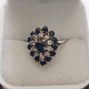 Vintage real solid 14k gold cocktail ring with genuine diamonds and sapphire